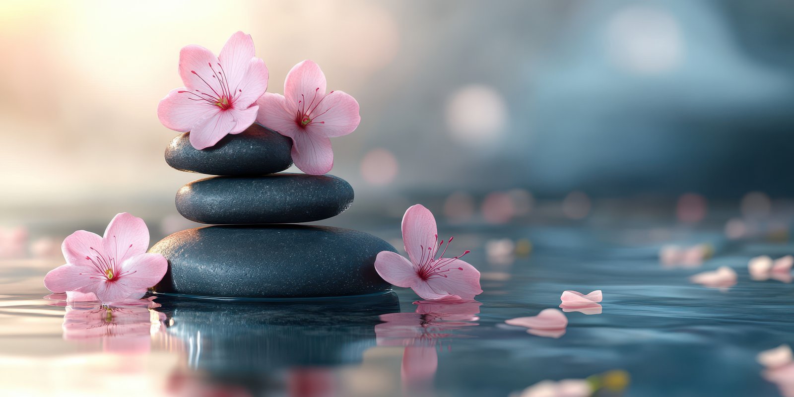 Stones stacked with cherry blossoms floating on serene water during a peaceful setting at dawn